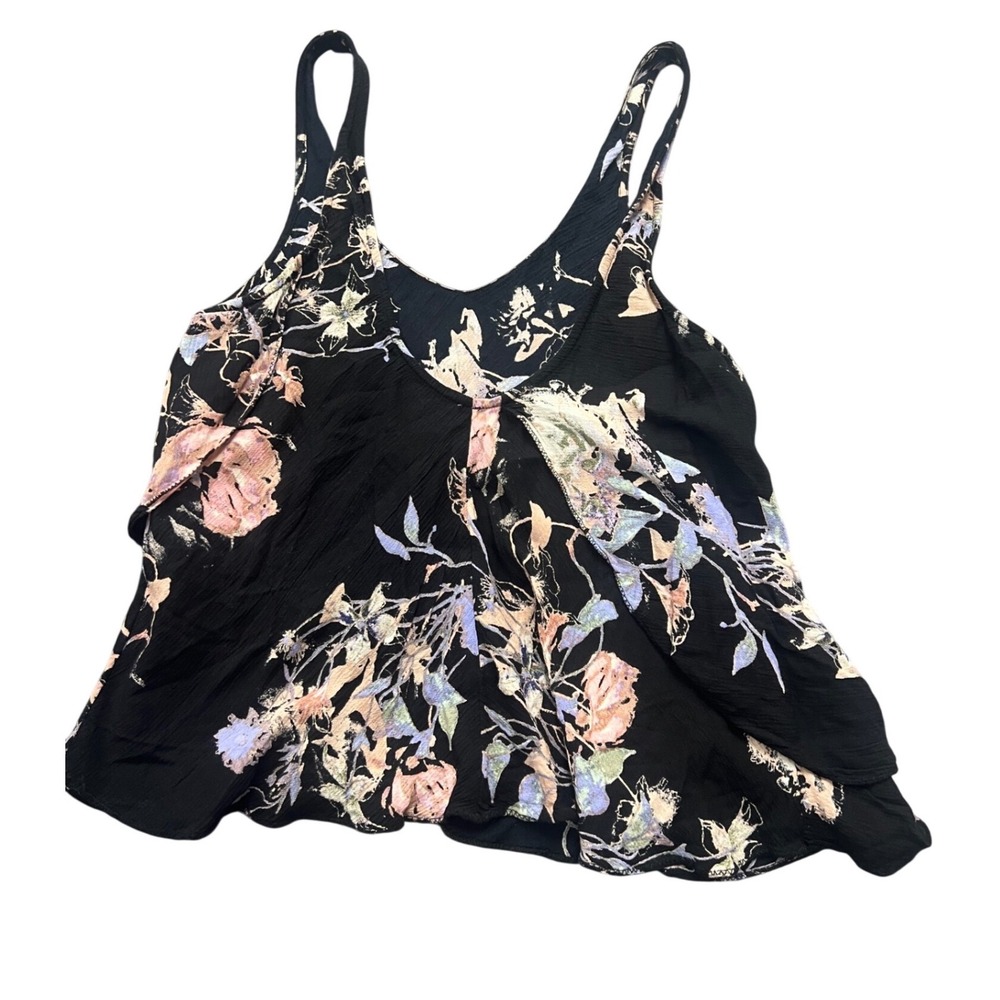 Intimately Free People Floral Cami Tank Top Womens S Black Boho Tiered Whimsical
